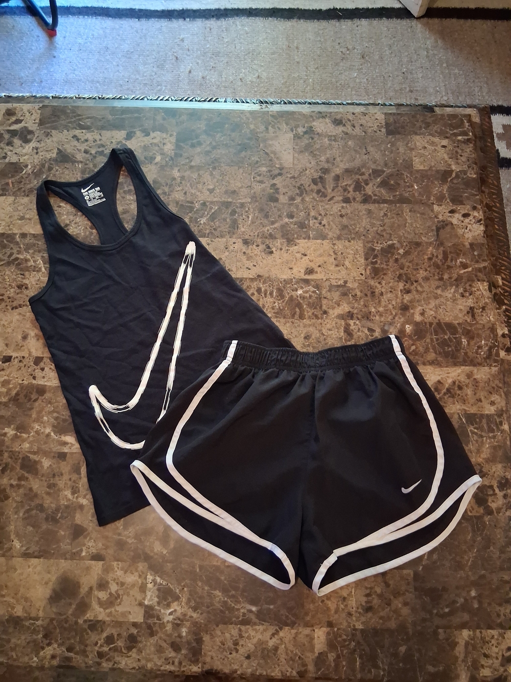 Nike Black Racerback Tank with White Swoosh & Black Running Shorts